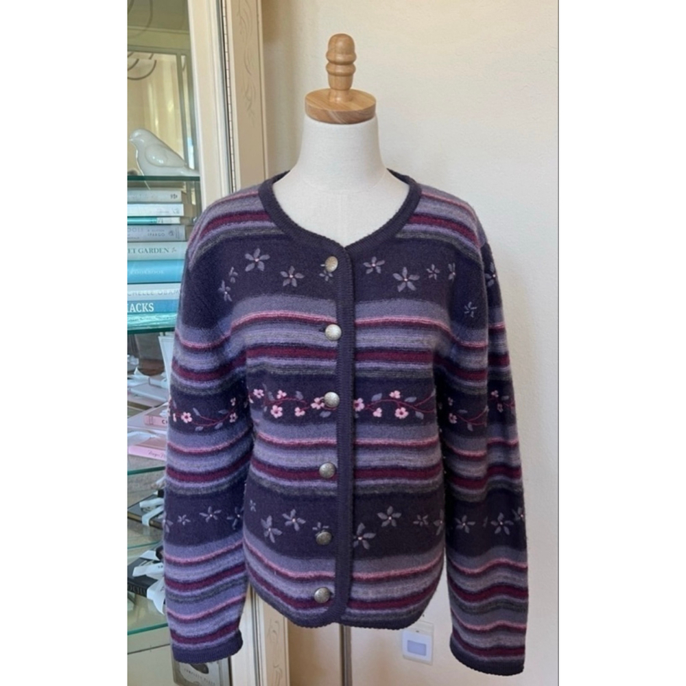Tally-Ho XL New & Vintage Purple Pink Striped Floral Wool Cardigan